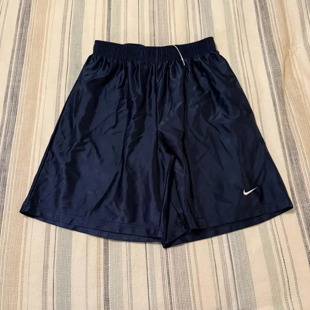 Vintage Y2K Nike Silver Tag Navy Blue Satin Basketball Shorts Swoosh Youth XL